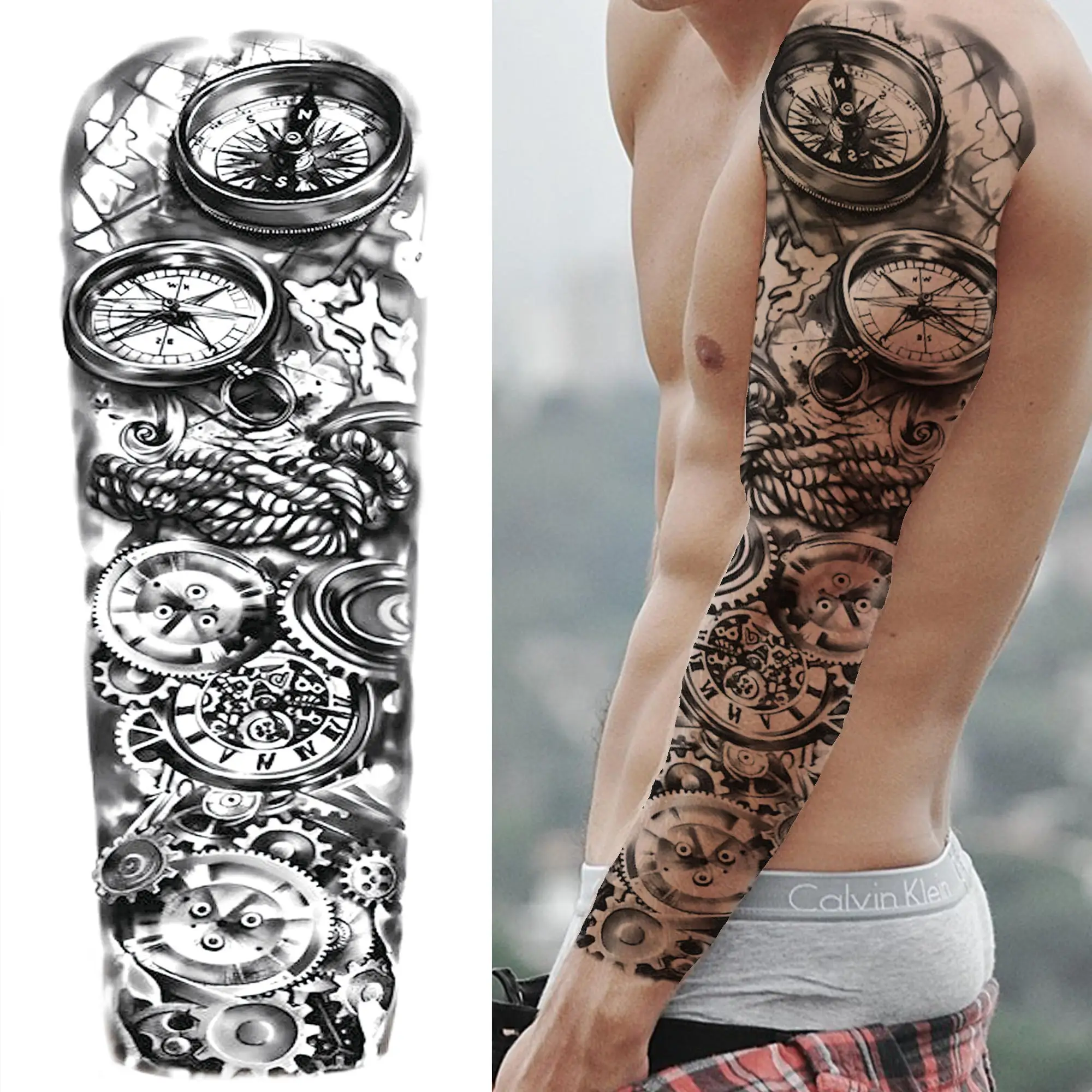 Unique Feather Nun Temporary Tattoos Sleeve For Men Women Deer Compass Samurai Rose Dove Fake Tattoo Full Arm Tattoo Sticker Big