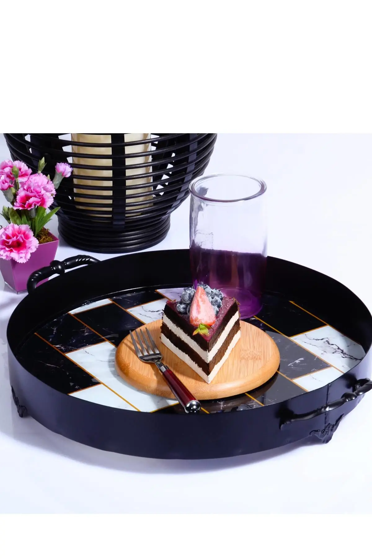 

DOLBOVI Round Black Geometric Flip Handle service Presentation tray 35 cm tray поднос plateau de service