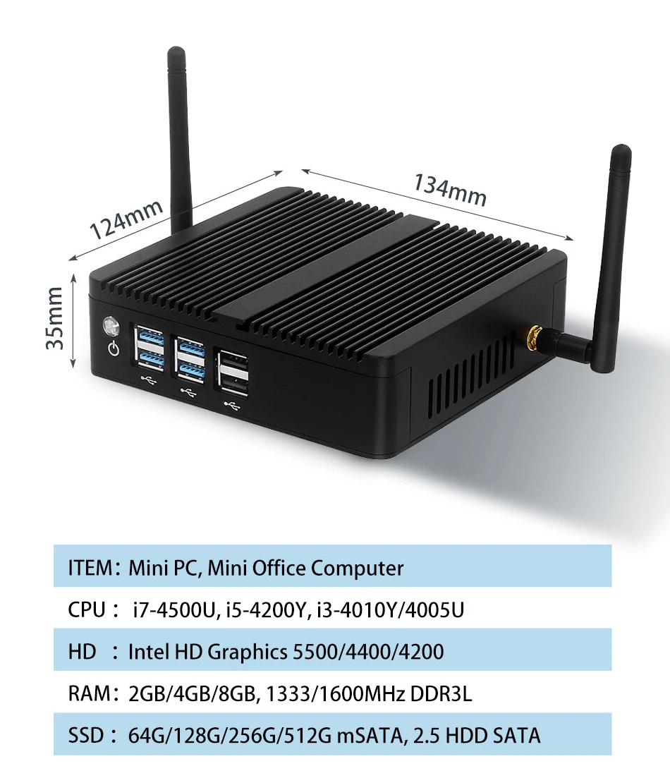 BEBEPC 팬리스 미니 인텔 i7 4500U i5 4200U 8USB 기가비트 이더넷 HDMI VGA 디스플레이 Win10/11 Linux Ubuntu 셋톱 박스 컴퓨터 썸네일 2