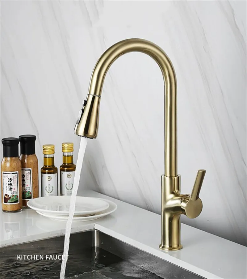 

Kitchen Faucets Brass Sink Mixer Water Taps Hot & Cold Pull Out Single Handle Deck Mounted Rotating Brushed Gold/Chrome/Black