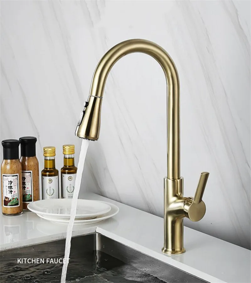 

Kitchen Faucets Brass Sink Mixer,Water Taps, Hot and Cold Pull Out,Single Handle, Rotating,Deck Mount Brushed Gold,Chrome, Black