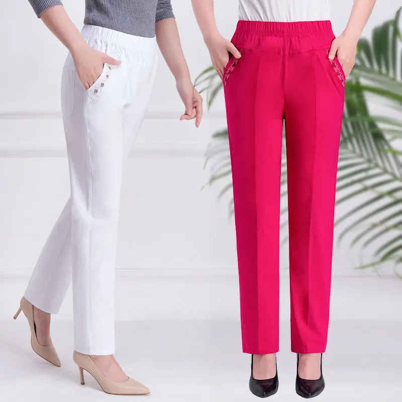 2026 Summer Women Pants Middle-aged Lady Elastic Waist Loose Casual Pants 4XL Pocket Thin Female Straight Trousers 2300