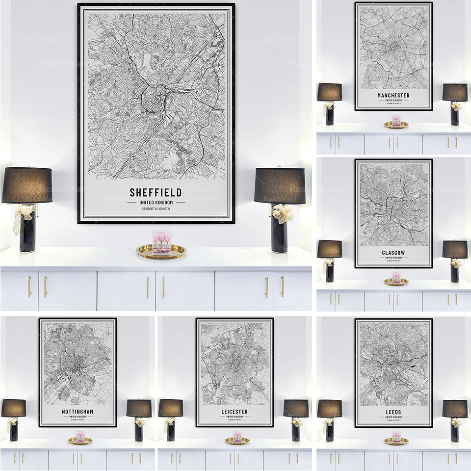 Liverpool, Leeds, Sheffield Map Print Poster Black Line City Map Poster Nordic Canvas Painting Prints and Posters Home Decor Wal