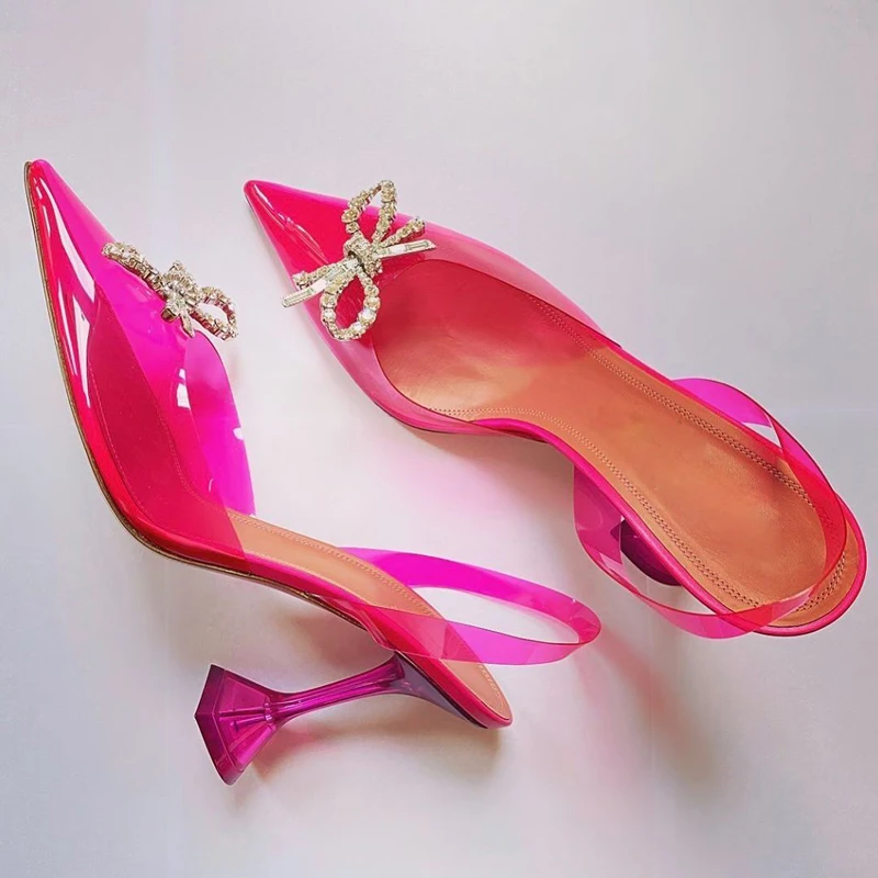 Sexy Rhinestone Bowtie Rose Blue  PVC Pumps Female Back Strap Point toe Party Heels Summer Cup High-Heeled Shoe