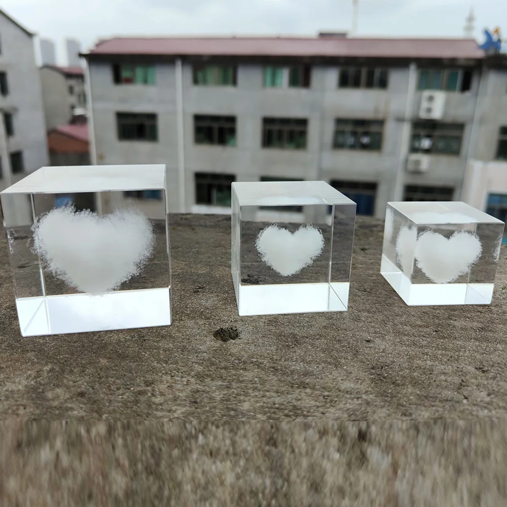 Crystal 3D Laser Engraving 3D Love Heart Glass Cube Ornaments Desk Decoration Home Accessories Crafts Creativity Birthday Gift