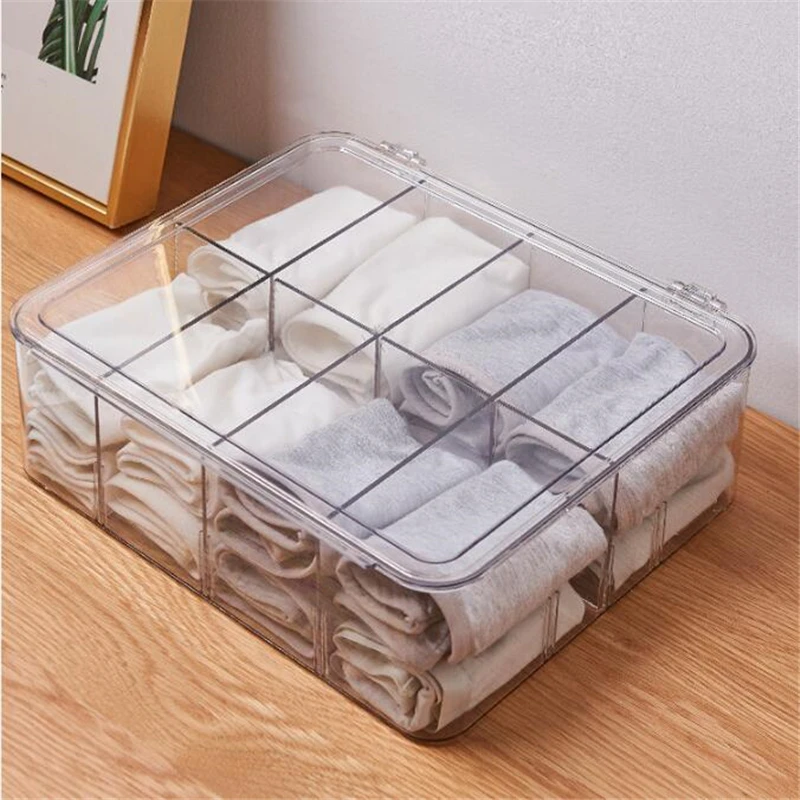 Transparent Underwear Storage Box, Closet Drawer Divider, Socks and Bra Finishing Case with Cover, 1Pc