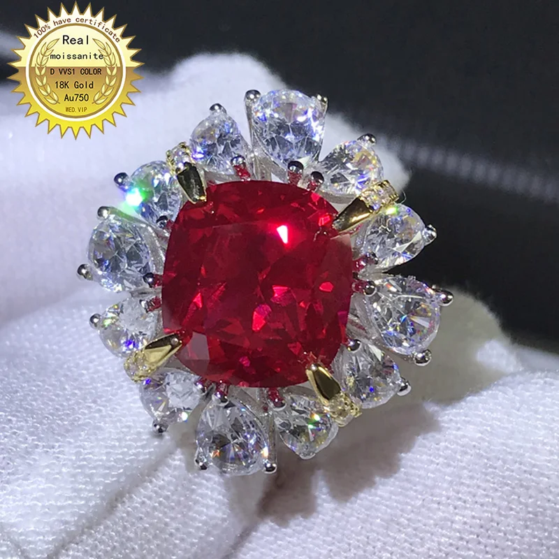 

Real 18K Gold ring Lab Created 5ct Ruby and Moissanite Diamond Ring With national certificate Ru-002