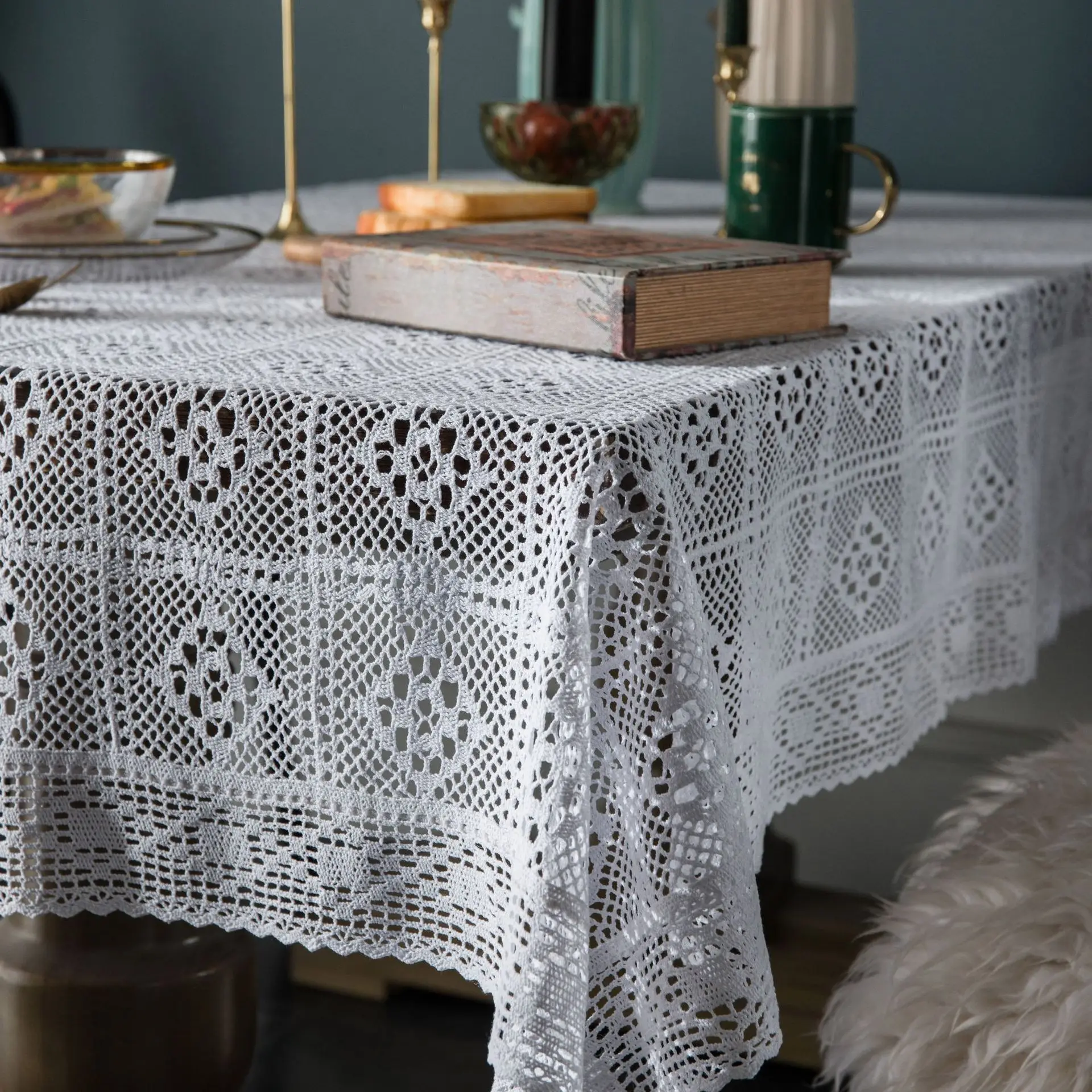 American country style crochet knitting white tablecloth hollow-out ramie cotton tablecloth table table table cloth cove