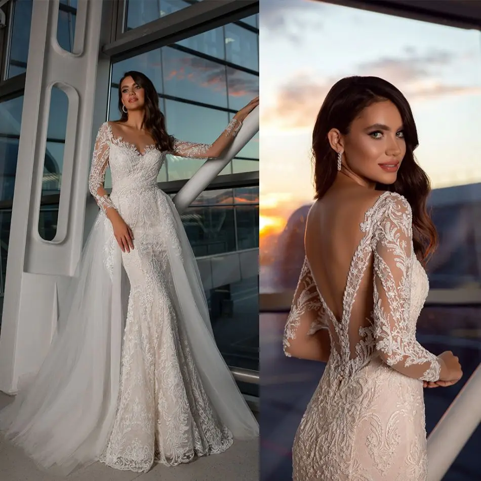 

Mermaid Wedding Dresses Sexy V Neck Long Sleeves Backless Bridal Gowns Lace Appliques Beads Detachable Train Wedding Dress