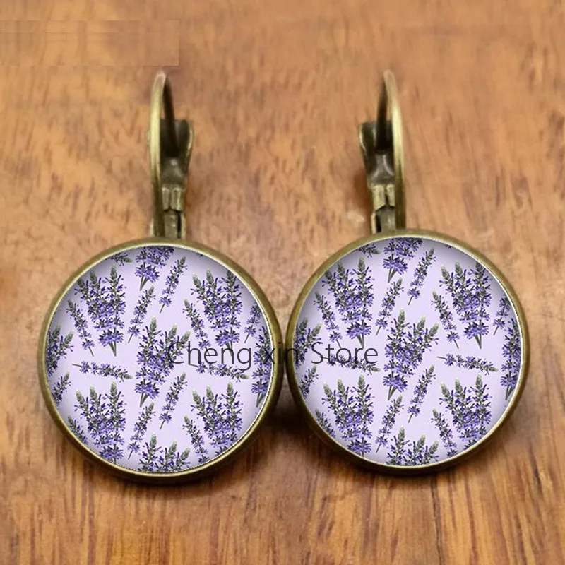 New beautiful purple lavender flowers and plants round glass convex dome earrings jewelry