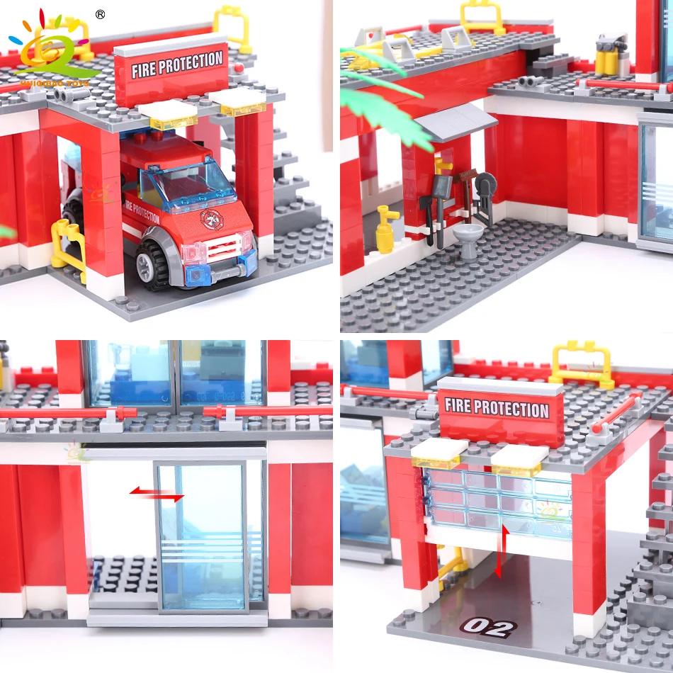 HUIQIBAO 774pcs City Fire Station Model Building Blocks Boys Firefighter Truck Educational Construction Bricks Toys For Children