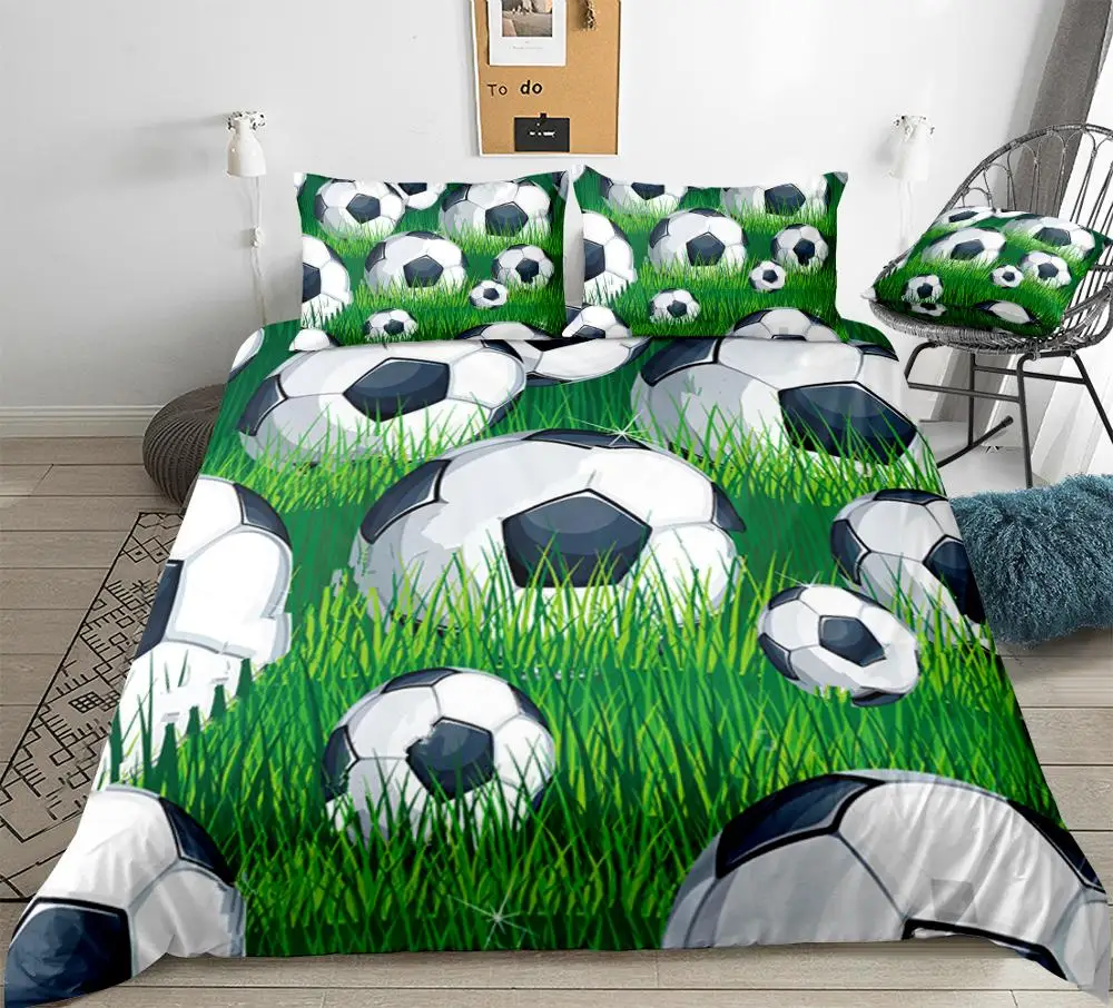 3D Soccer Ball Bedding Kids Boys Teens Football Field with Soccer Balls on Green Grass Duvet Cover Set Sports Bed Set Dropship