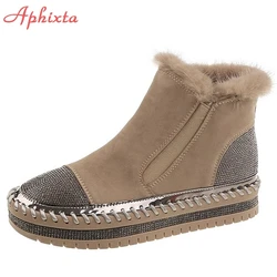 Aphixta Real Hair Warm Winter Crystals Shoes Woman Elastic Band Couple Chunky Sole Platform Big Size 44 Waterproof Ankle Boots