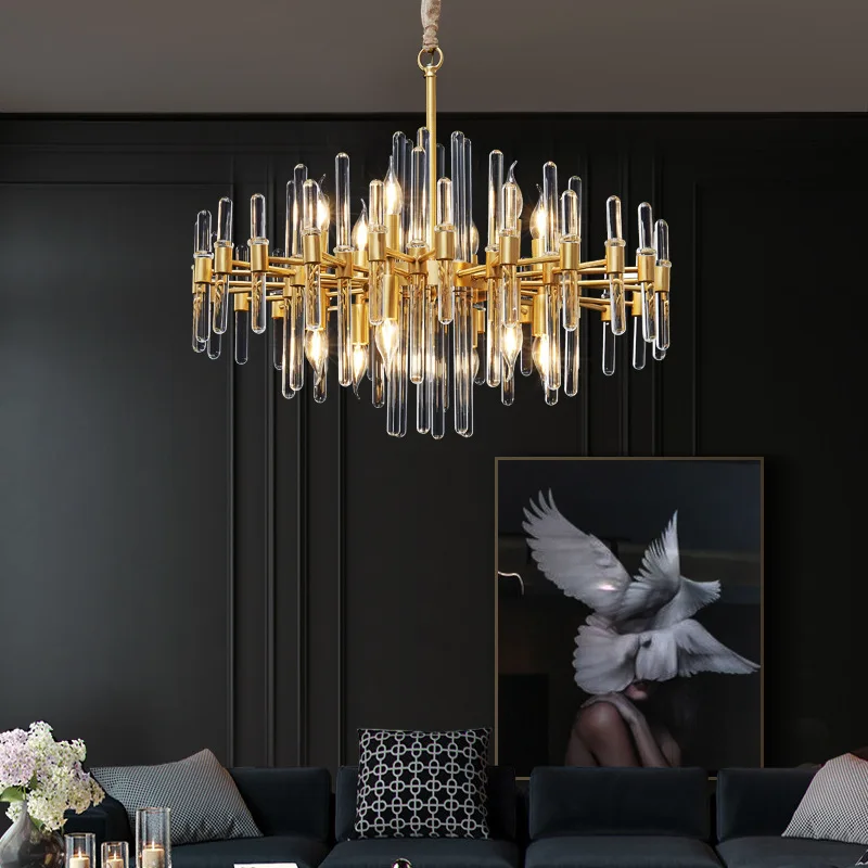 Gold Crystal Chandelier Modern Brass Lighting Fixture Cylinder Glass Pendant Light for Living Room Bedroom