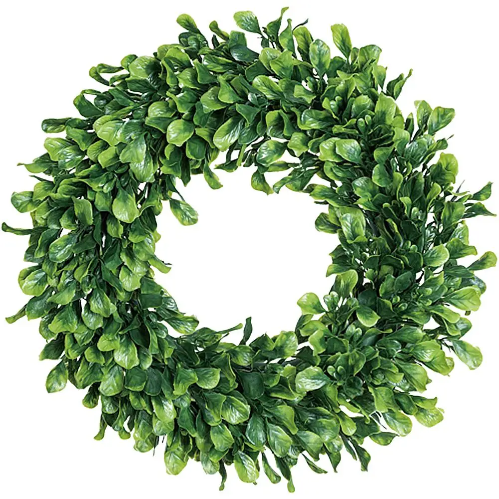 

42cm Artificial Green Leaves Wreath Front Door Wreath Shell Grass Boxwood Wreath For Wall Window Party Decor Free shipping