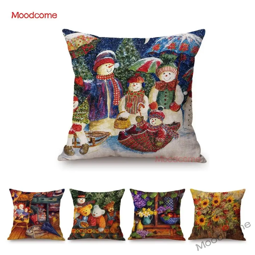 Christmas Countryside Floral Pattern Cute Cartoon Anime Lovely Bear Cozy Home Decoration Sofa Cushion Cover Linen Car Pillowcase