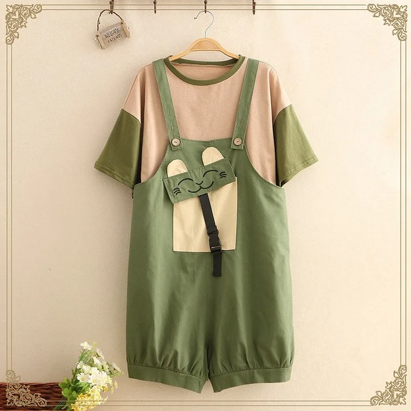 Summer Kawaii Women Rompers and Jumpsuit Japanese Mori Girl Cute Cat Embroidery Shorts T Shirt Green Casual Overalls 2 Piece Set