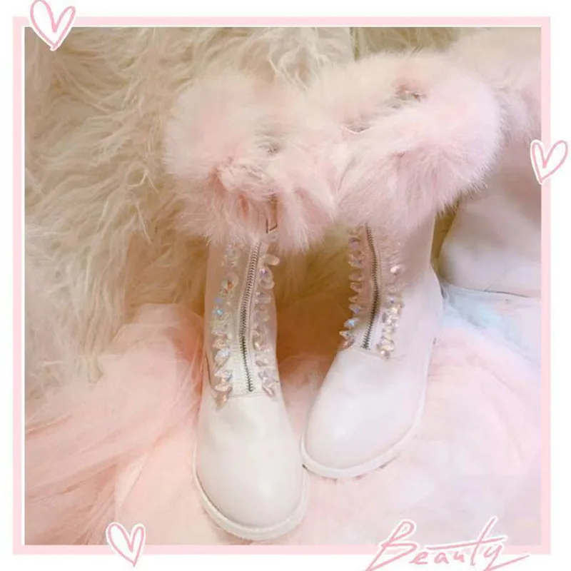 

Fox fur raccoon fur Martin boots flat front zipper women's boots Low Heel Round girl Vintage Sweet Lolita Shoes Victoria Kawaii