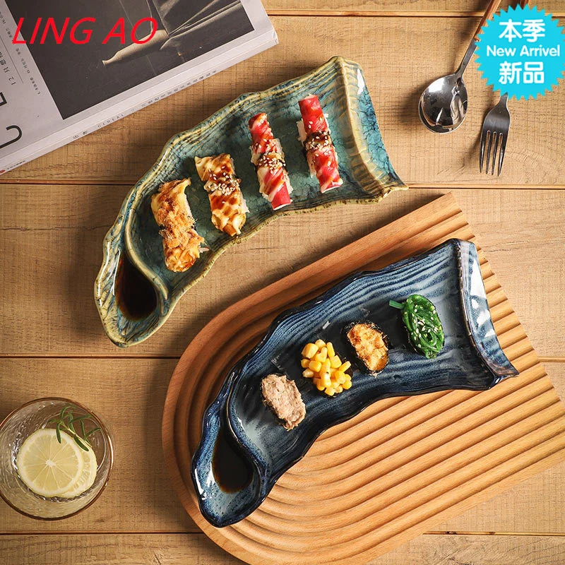 LingAo-Japanese Creative Ceramic Dish, Long Plate for Sushi, Western Food, Snack