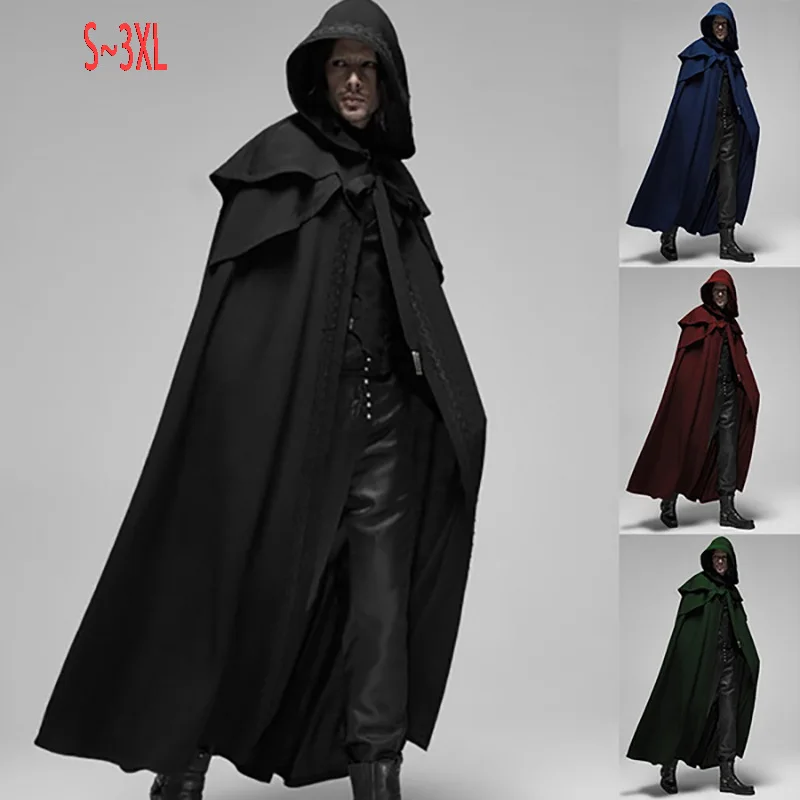 Medieval Mens Cape with Hood Black Gothic Vampire Halloween Long Capes and Cloaks