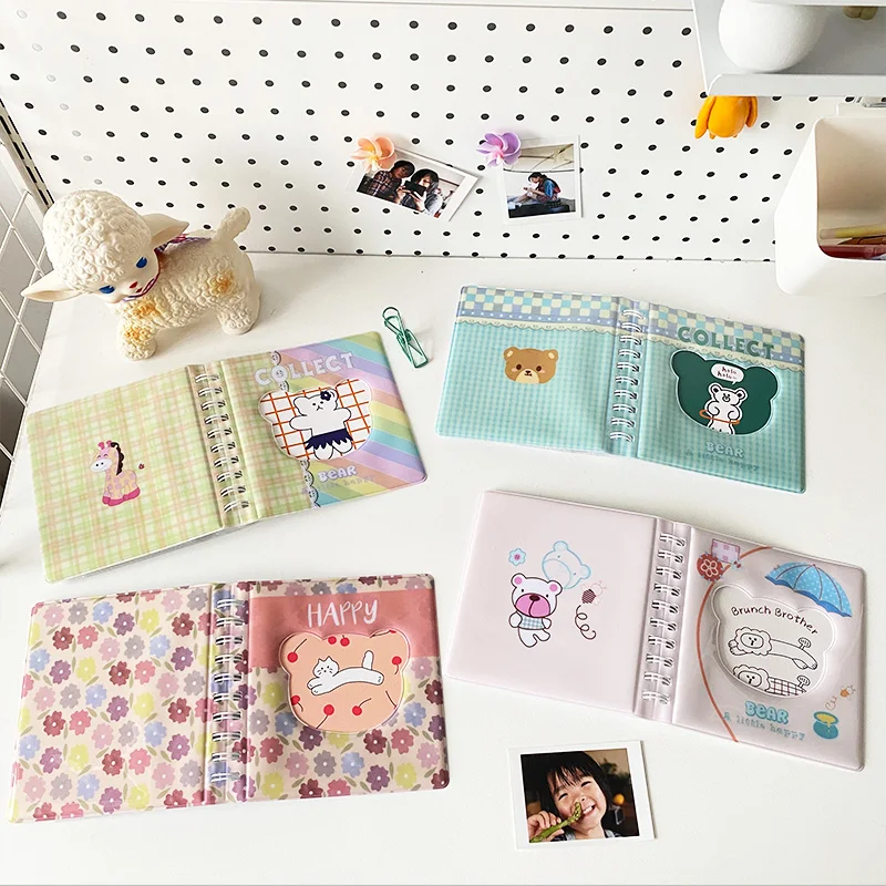 Kawaii 3 Inch Rainbow Flower Plaid Bear Photo Album Decorative Picture Storage Postcards Holder Collect Albums Cute Stationery