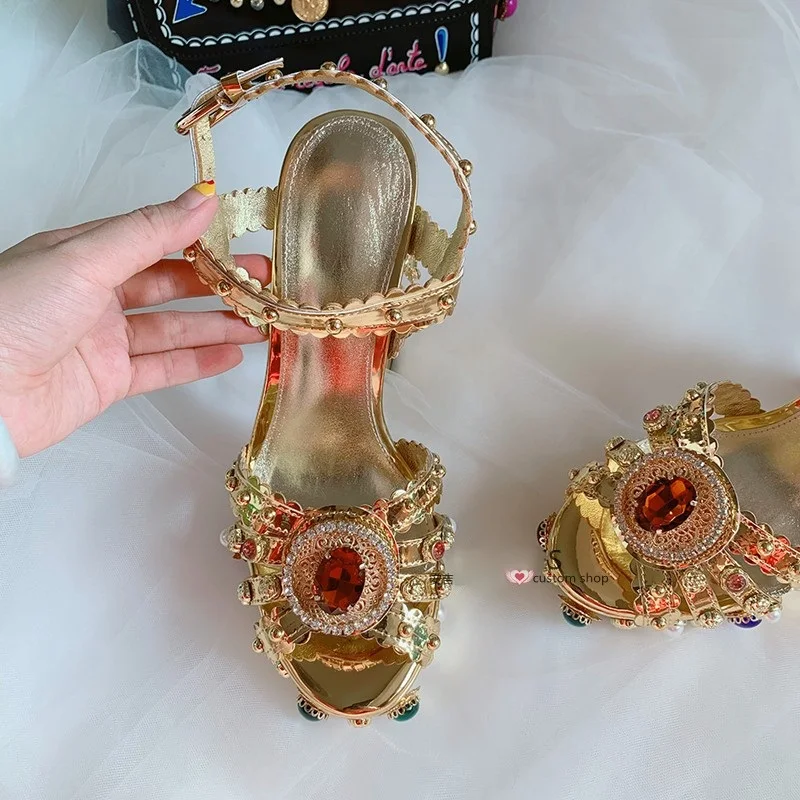 Luxury Gold Metallic Leather Chunky Heel Sandals Muti Crystal Studded Square High Heels Shoes Thick Platform Summer Sandals Hot