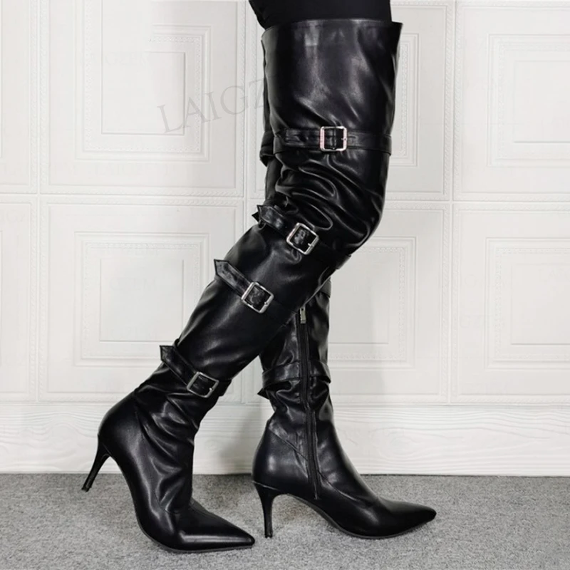 

BERZIMER Women Thigh High Boots Faux Leather Buckle Straps High Heels Over Knee Boots Side Zip Shoes Woman Big Size 44 45 46 47