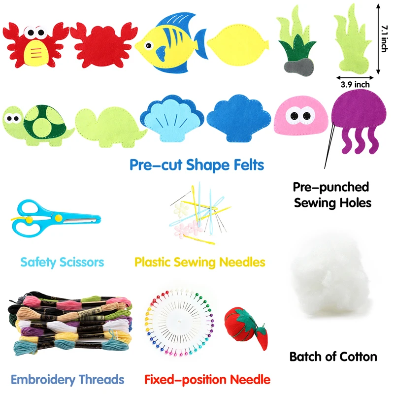 6Pcs Ocean Animals Sewing Kit Make Your Own Crabs Jellyfish Turtles Seaweed Shells Fish Perschool Felt Craft Kit Soft For Kids