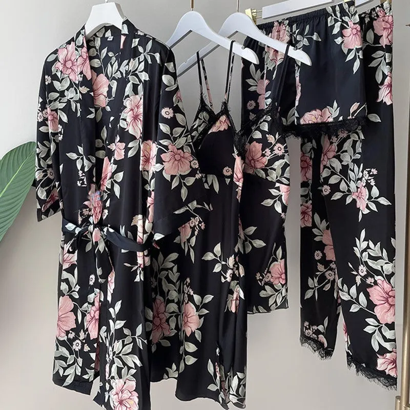 Ensemble de pyjama 5 pièces en soie rayonne, Sexy, vêtements de nuit pour femmes, imprimé fleur, peignoir, chemise de nuit, ample, décontracté,