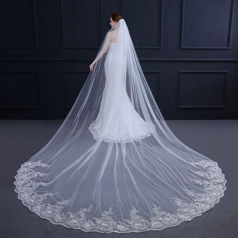 In Lager 3 Meter Weiß Elfenbein Hochzeit schleier Spitze Appliques Welon Novia accesorios Casamento Braut schleier mit Kamm Wesele