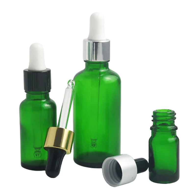 

12 x 100ml 50ml 30ml 20ml 15ml 10ml 5ml Refillable green glass essential oil dropper bottle 1oz glass E liquid Piepette Dropper