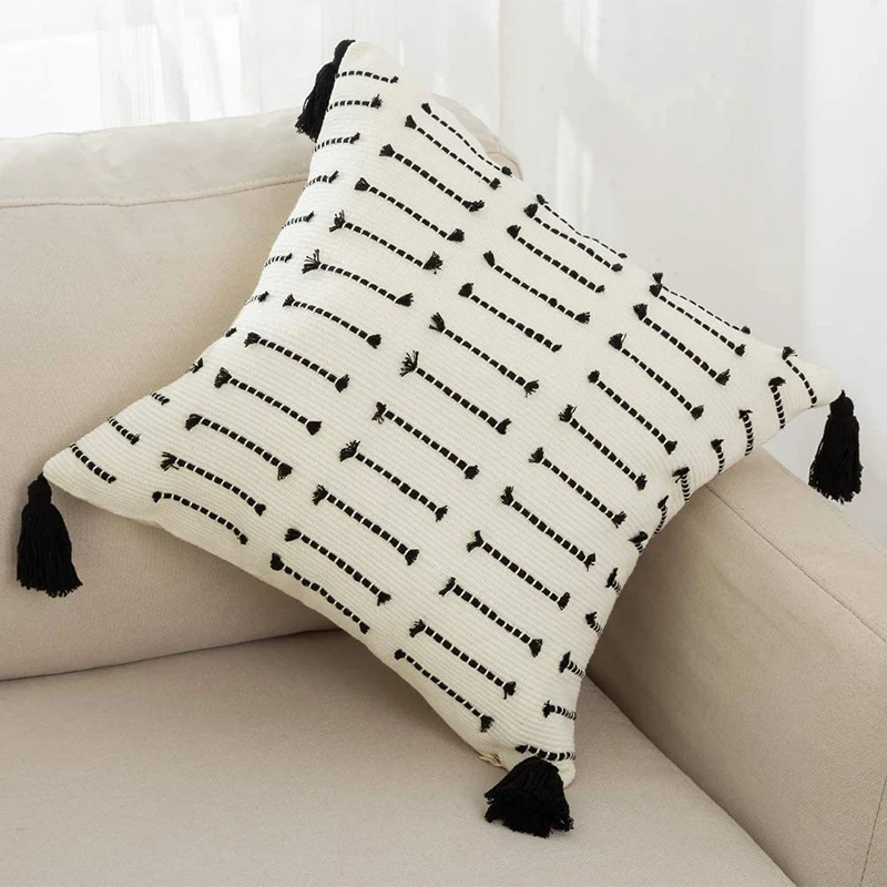 Decoration Cushion Cover 45x45 White Black Plain pillow cover Woven Tassels for Home Sofa Chair Bedroom Living Room Decoration