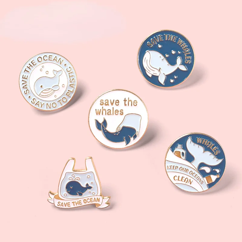 Save The Ocean Enamel Pins Stop Plastic! Brooches Whale Tail on The Sea Lapel Pins Backpack Badges Whale Jewelry Gift Wholesale