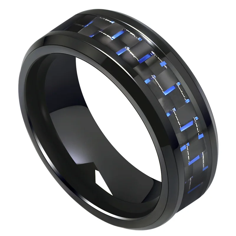 2021 Casual Men Finger Rings 8mm Width Black Titanium Steel Ring Band Inaly Carbon Fiber Comfort Fit Can Engraving Size 7-11