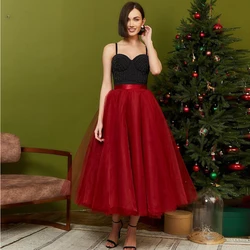 Simple Red Tulle Skirt  Midi Dress High-Waisted Skirt Pleated Skirt Puffy Long Skirt Clothes For Women Custom Made Skirts