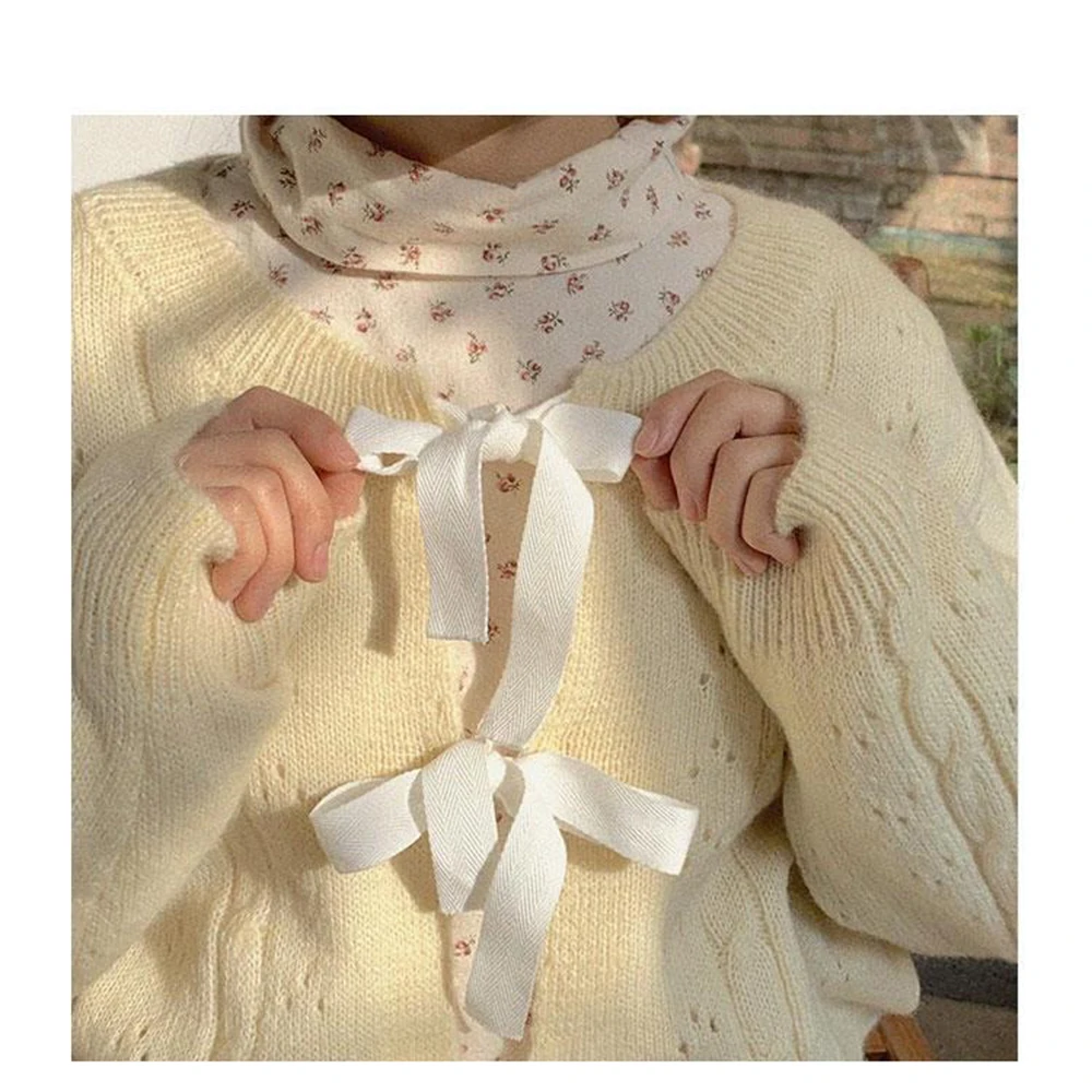 Women Sweaters Warm Mesh Knitting Bow O-Neck Long Sleeve Cardigan Fashion Korean Style  Cardigan Fall Women Clothing