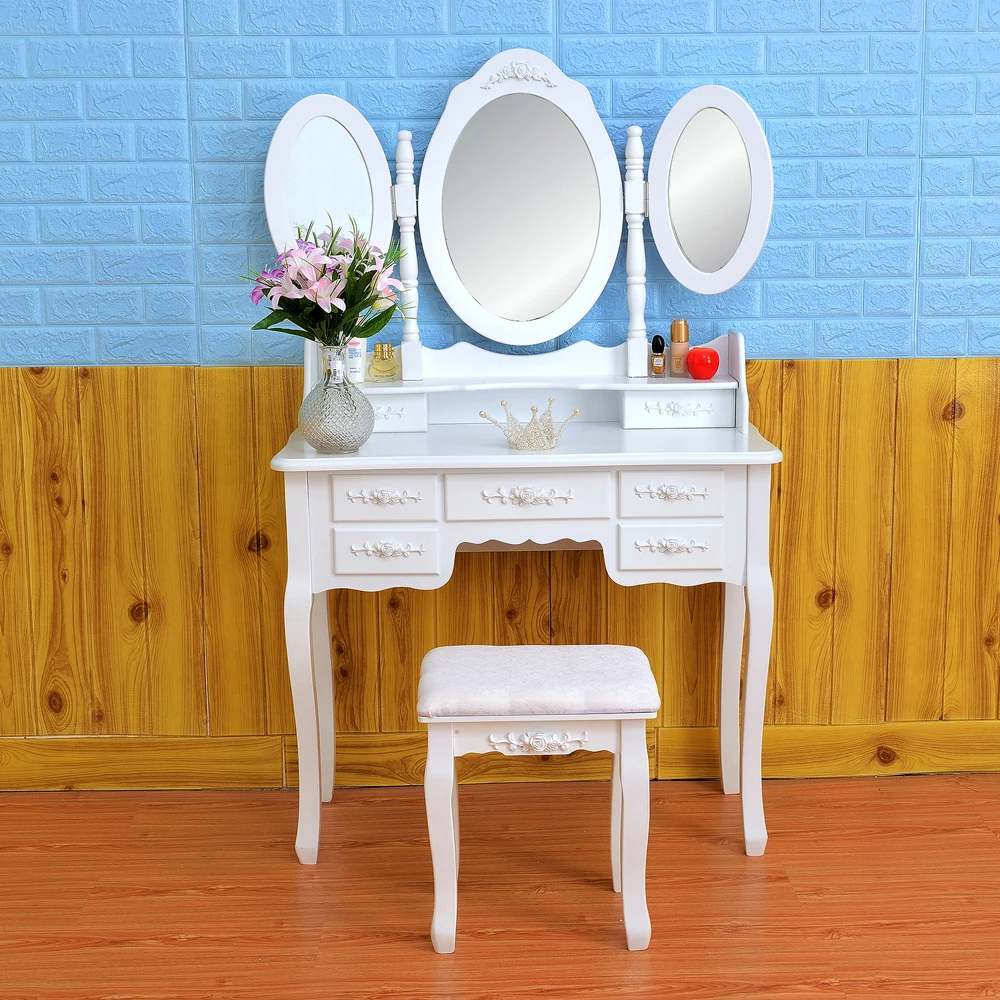 Two Colors Foldable 3 Mirrors with 7 Drawers Dressing Table Black  with Dressing Stool US Warehouse