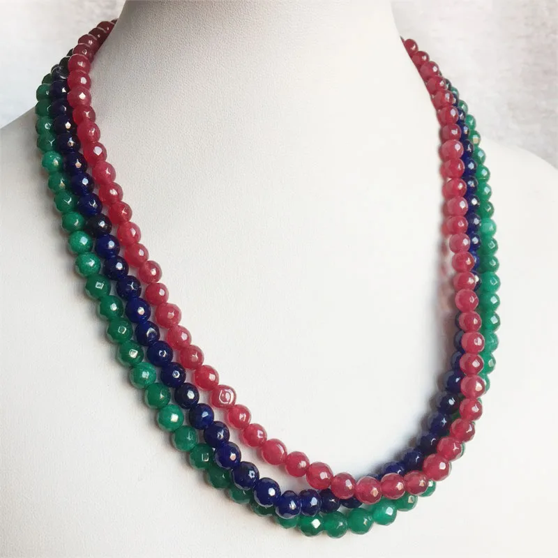 6MM Faceted Sapphire Emerald Ruby Jade Necklace Natural Stone Handmade Bohemia Collier Femme Jewelry Gift Simple Strand Choker