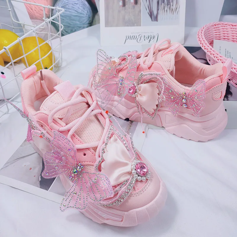 Cute Pink Rhinestones Chunky Sneakers Women Platform Sneaker Casual Thick Bottom Shoes Woman Dad Vulcanized Shoes Basket Femme