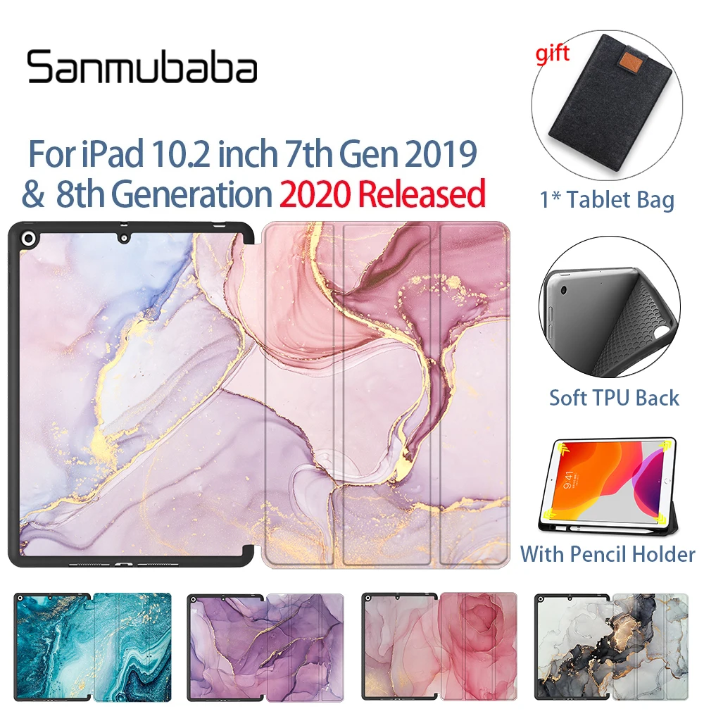 

Sanmubaba Marble Tablet Case For iPad 10.2 inch 7th 8th Gen Soft TPU+PU Leather Flip Smart Protective funda With Pencil Holder