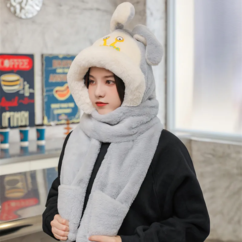 Rabbit Hat Moving Ears Cute Cartoon Toy Hat  3 in1Gloves Scarf Funny Hat Birthday Gift Bunny Plush Cap Winter Hat For women