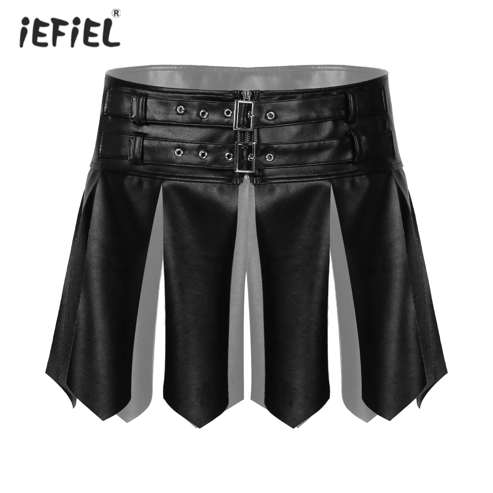 

Mens Nightclub Stage Cosplay Costume Waistband Zipper Mini Skirt Wetlook Faux Leather Miniskirt Tassel Adjustable Buckle Skirts