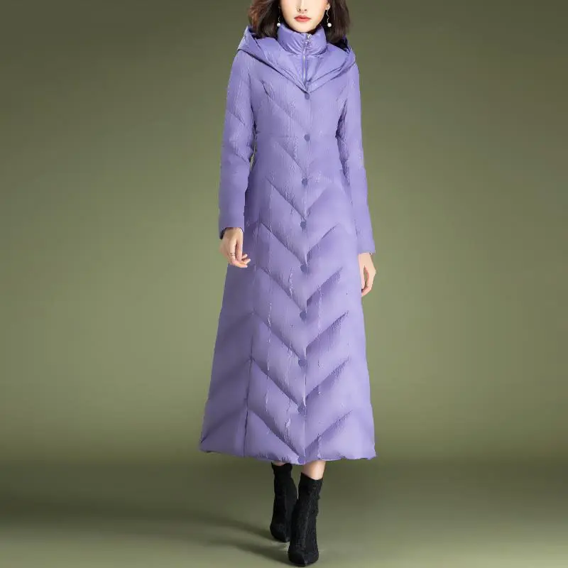 2021 Autumn Winter New Women Purple Long Padded Jacket Female Slim Slimming Temperament Fake Two-piece Hooded Padded Jacket A429