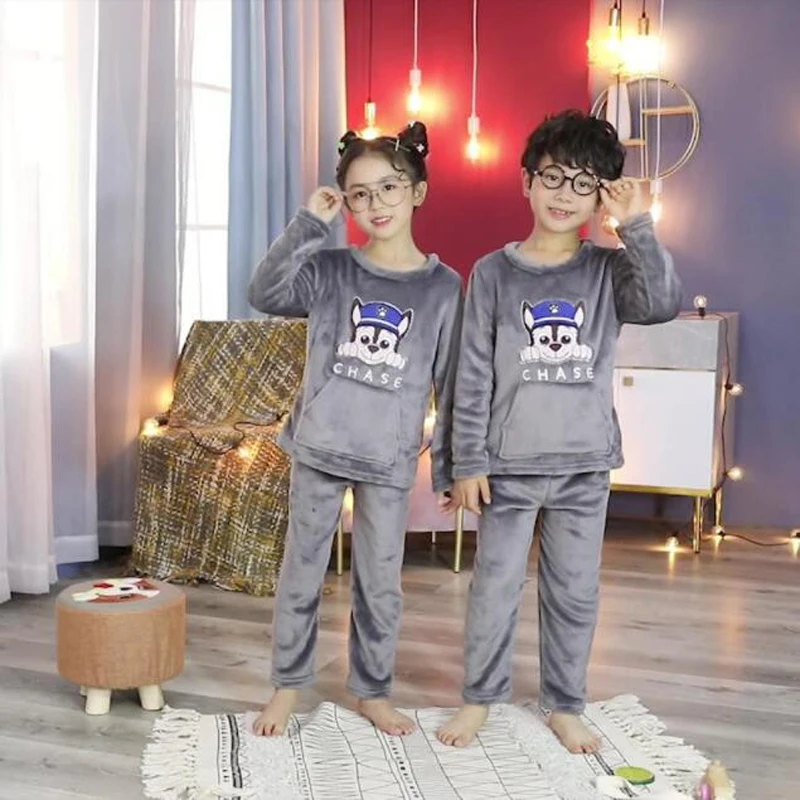 Spring Winter Warm Thick Coral Velvet Kids Boys Girls Pajama Sets Cartoon Print Long Sleeve Cute Pajamas Set