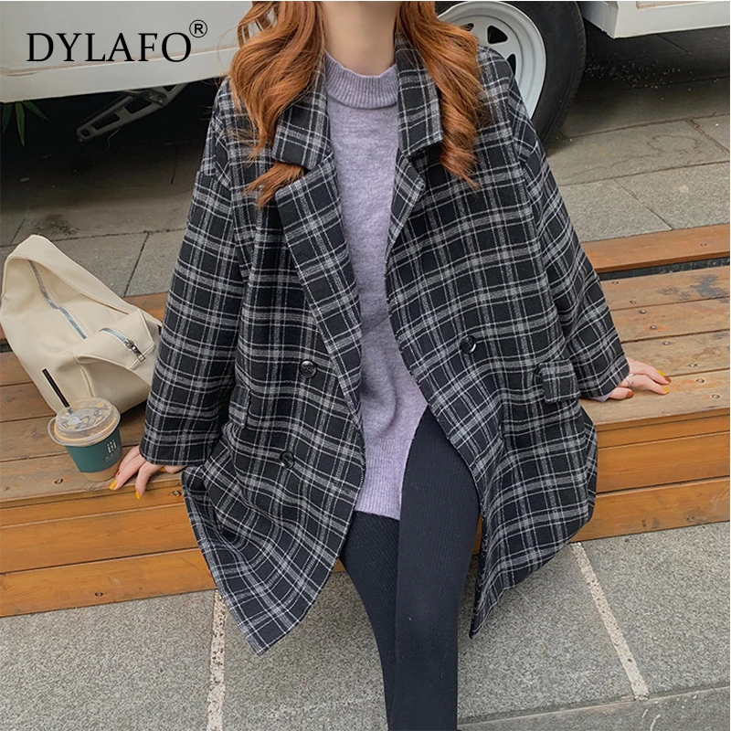 New Grey 2020 Autumn Winter Women's Blazers Plaid Double Breasted Pockets Formal Jackets Checkered Outerwear Tops Suit Jacket