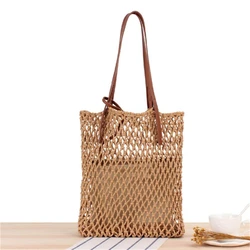 INS New Solid Vacation Travel Tote Bag Beach Bag for Women Synthesis Leather Handmade Woven Cotton Rope One-shoulder Bag IL00599