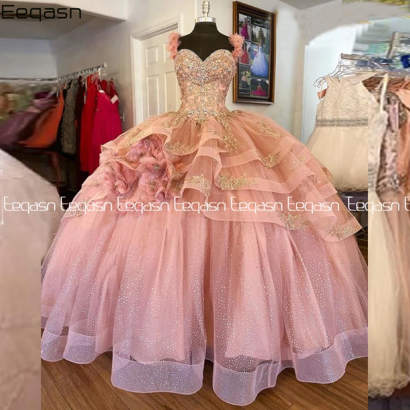 Vestido de quinceañera de princesa, Vestido de baile, apliques brillantes, estilo Mexicano, dulce 15, Vestido de graduación con flores, nuevo