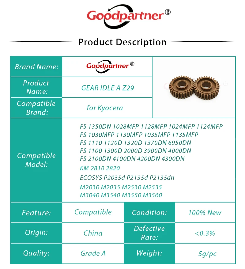 5X 302F925080 2F925080 GEAR IDLE A Z29 for Kyocera M2030 M2035 M2530 M2535 M3040 M3540 M3550 M3560 FS 1035 1030 1120 1128 1370