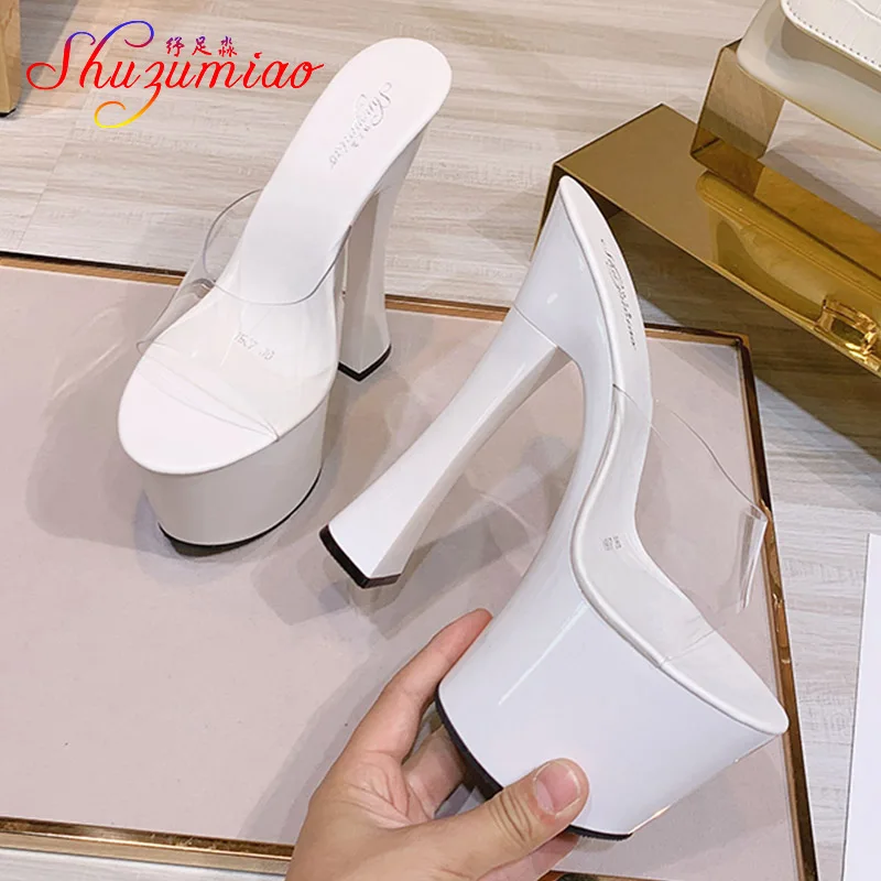 New 8 Color Women's High Heel Sandals 2021 Summer Transparent PVC Sexy Wedding Slippers 20CM Platform Thick Heel Shoes Size 43