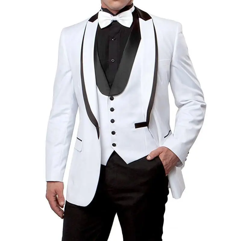 White Wedding Groomsmen Tuxedos Peaked Lapel Custom Made Business Suits Three Piece Wedding Men Suits (Jacket+Pants+Vest+Bowtie)